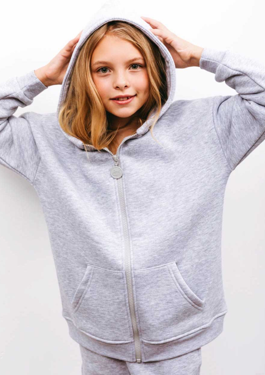 Grey melange color kids footer hoodie with a zipper